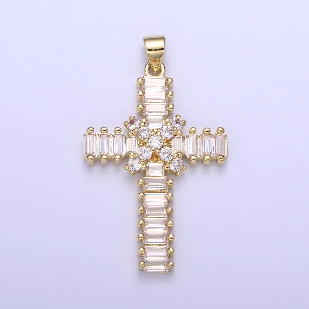 Ebony Gold Baguete Diamante Cross Pendant Necklace