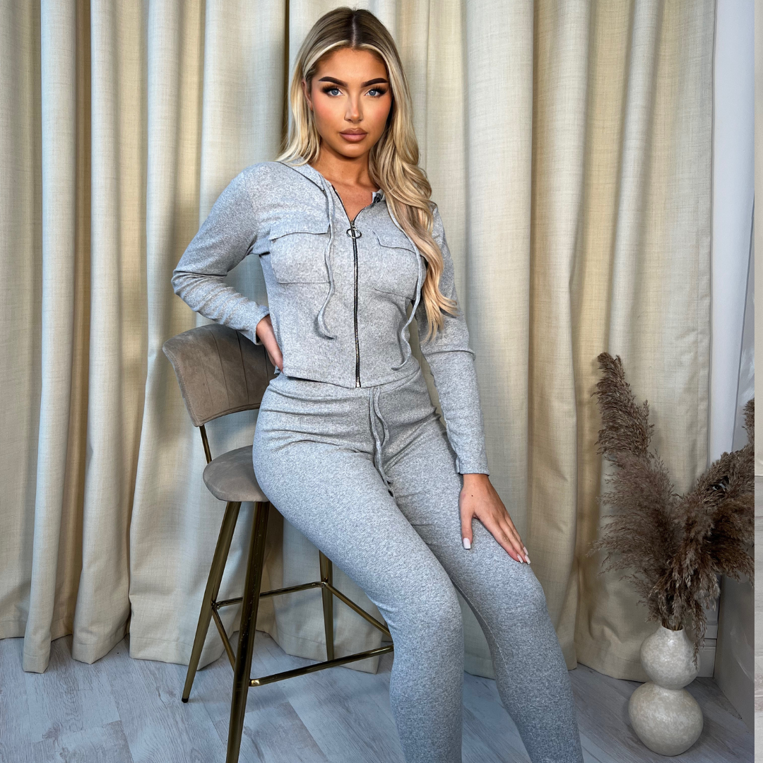 Hooded Zipped Ribbed Tracksuit Lounge Set