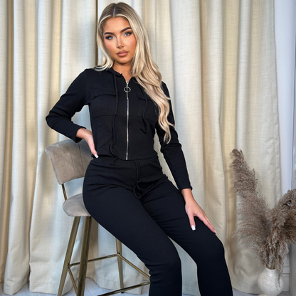 Hooded Zipped Ribbed Tracksuit Lounge Set