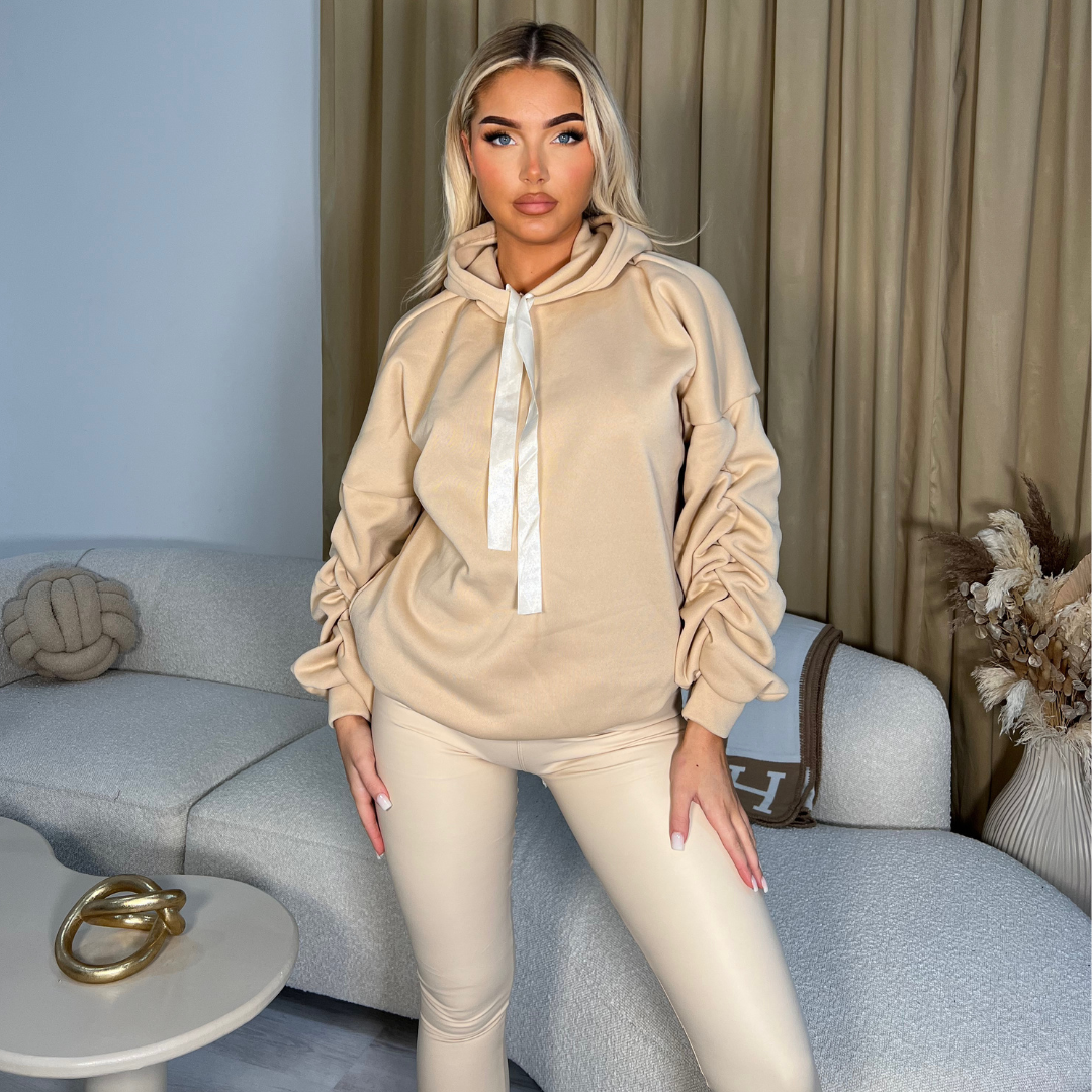 Ribbon Ruched Sleeve Oversized Hoodie